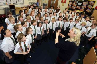 Alison North conducting Lindley Junior School Choir rehearsal.