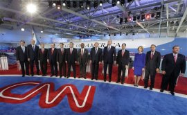 Republican presidential candidates, from left, former Pennsylvania Sen. Rick Santorum, former New York Gov. George Pataki, Sen. Rand Paul, R-Ky., former Arkansas Gov. Mike Huckabee, Sen. Marco Rubio, R-Fla., Sen. Ted Cruz, R-Texas, retired neurosurgeon Ben Carson, businessman Donald Trump, former Florida Gov. Jeb Bush, Wisconsin Gov. Scott Walker, businesswoman Carly Fiorina, Ohio Gov. John Kasich, and New Jersey Gov. Chris Christie take the stage during the CNN Republican presidential debate at the Ronald Reagan Presidential Library and Museum on Wednesday, Sept. 16, 2015, in Simi Valley, Calif. (AP Photo/Chris Carlson)